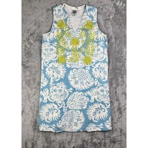 Ivy Jane Embroidered Linen Blend Floral Sleeveless Dress Green Blue White Medium